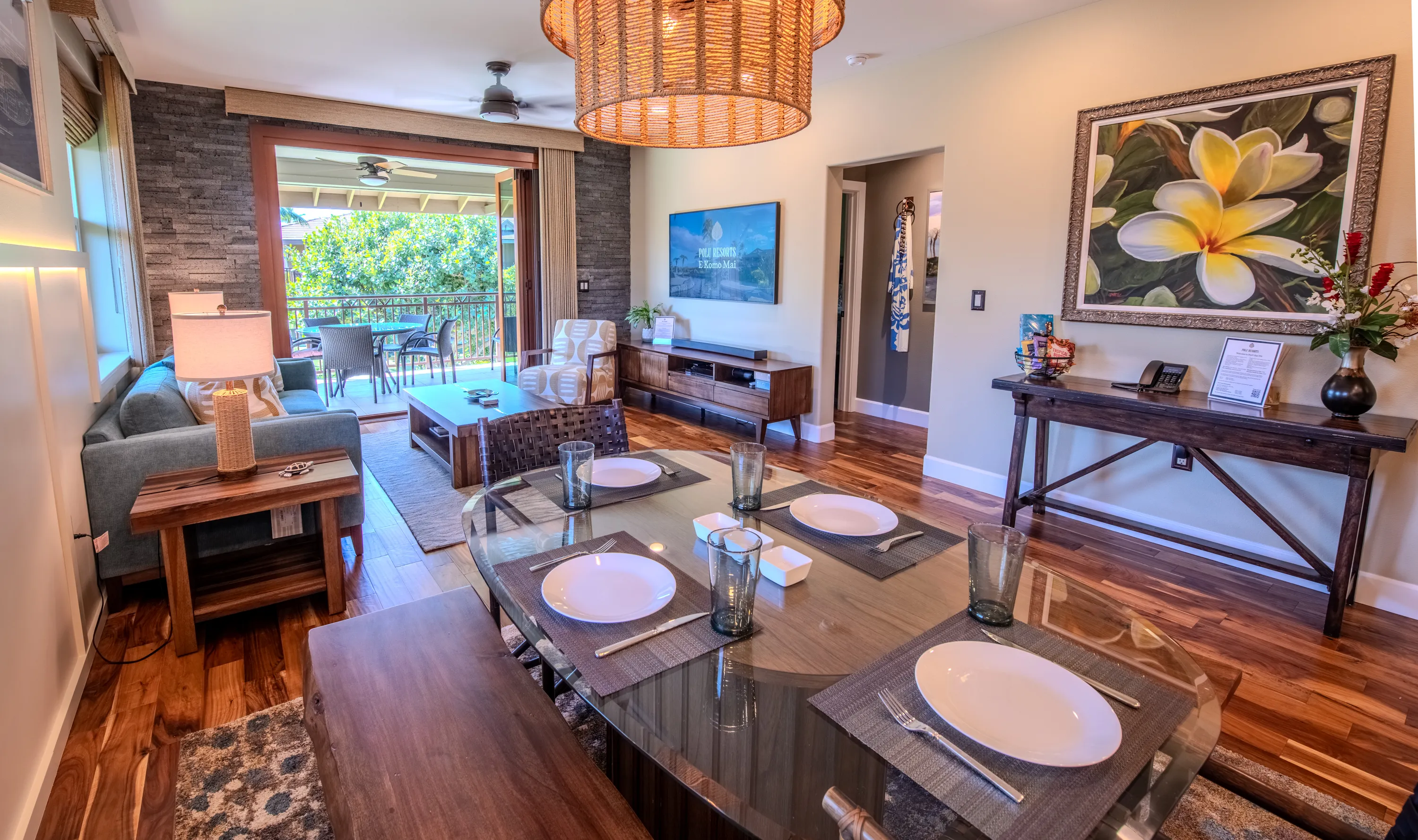 Dining table set beside the great-room windows