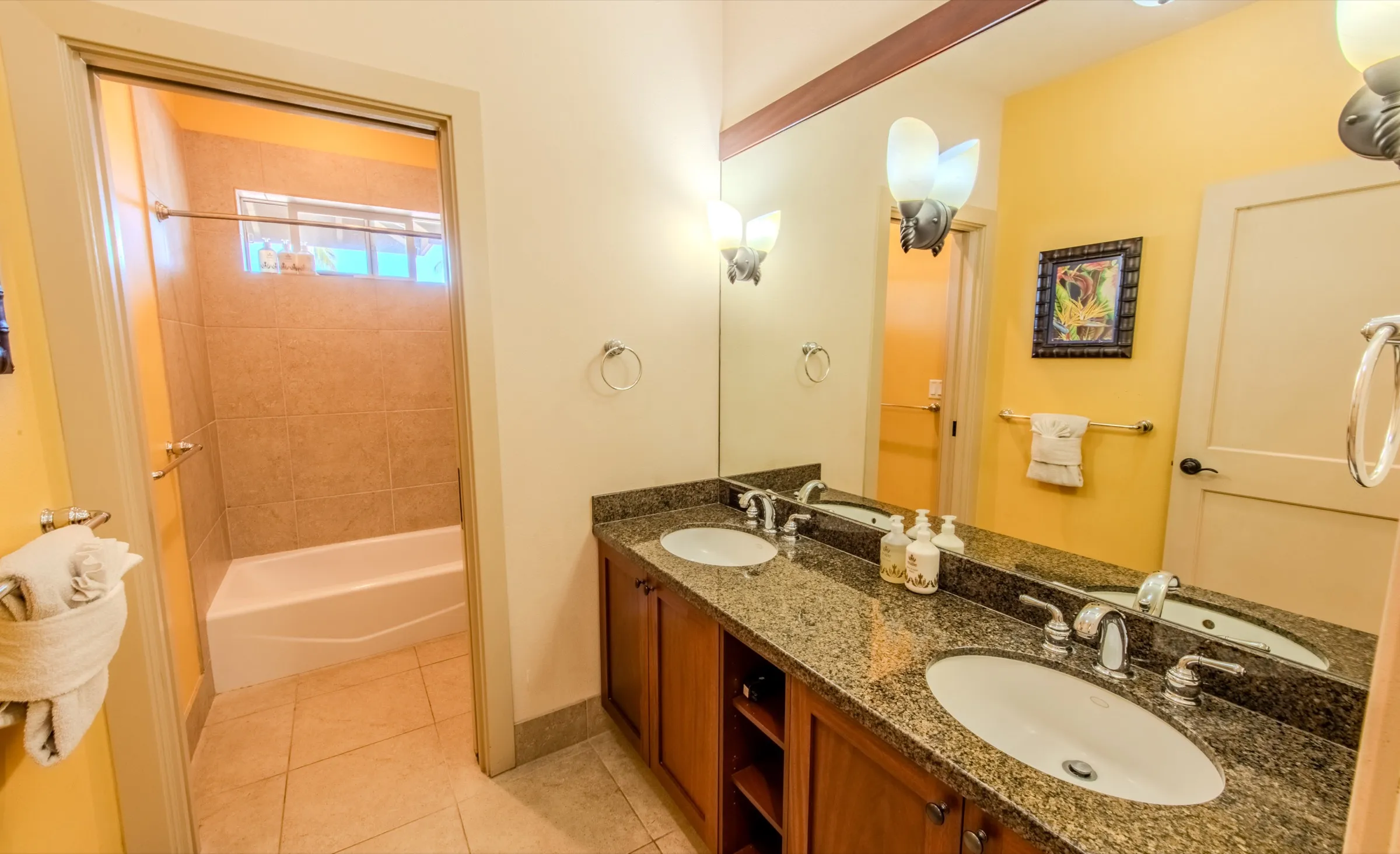 Second bathroom with a double vanity and a tub and shower combination